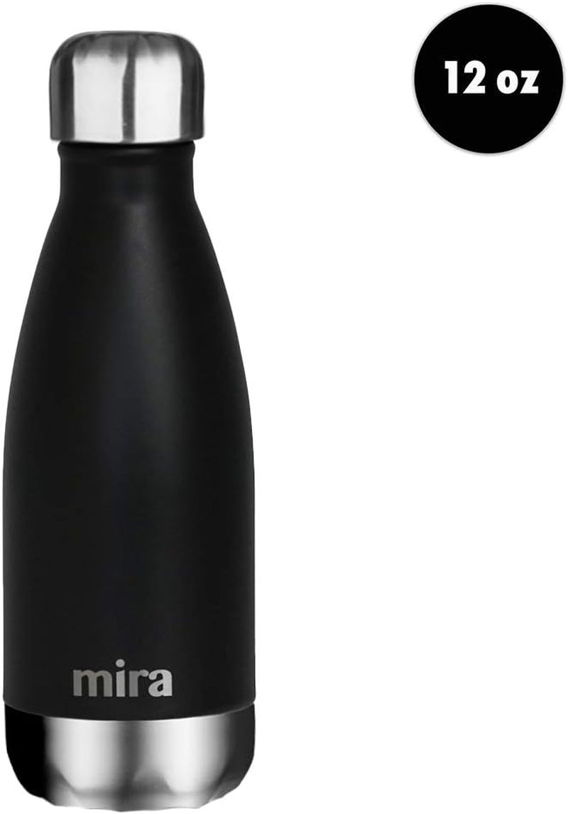12 oz Insulated Stainless Steel Water Bottle - Slim Cola Shape Thermos - Double Wall Hot & Cold Flask (24 Hours Cold/12 Hours Hot) - Black