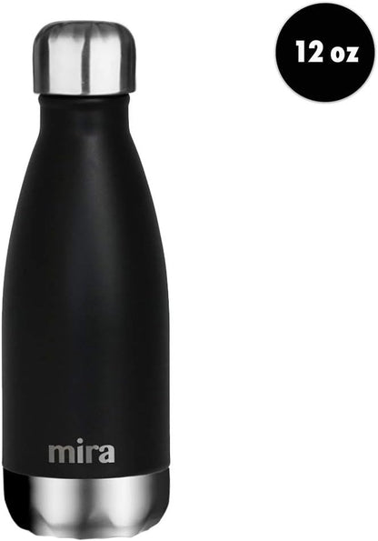 12 oz Insulated Stainless Steel Water Bottle - Slim Cola Shape Thermos - Double Wall Hot & Cold Flask (24 Hours Cold/12 Hours Hot) - Black