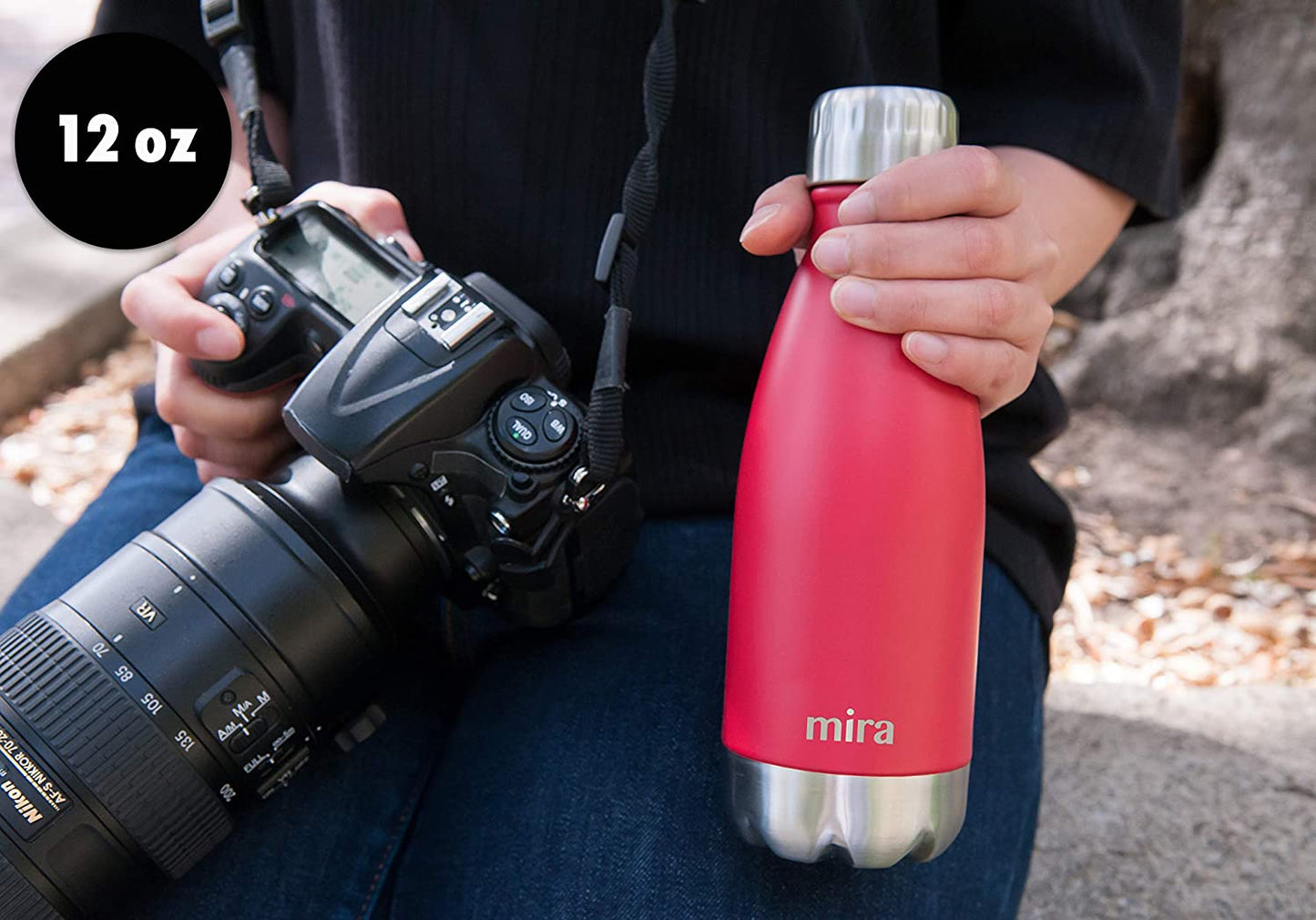 12 oz Insulated Stainless Steel Water Bottle - Slim Cola Shape Thermos - Double Wall Hot & Cold Flask (24 Hours Cold/12 Hours Hot) - Black