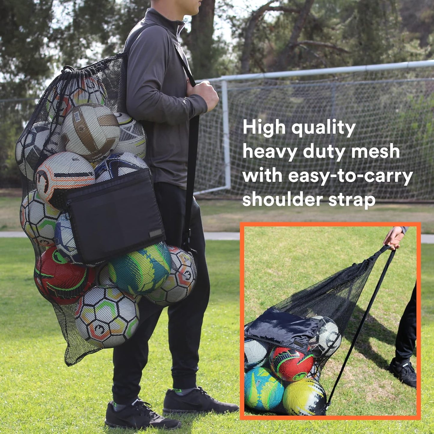 Extra Large Heavy-Duty Mesh Bag for Sports Equipment and Beach Gear with Adjustable Shoulder Strap and Secure Side Pocket